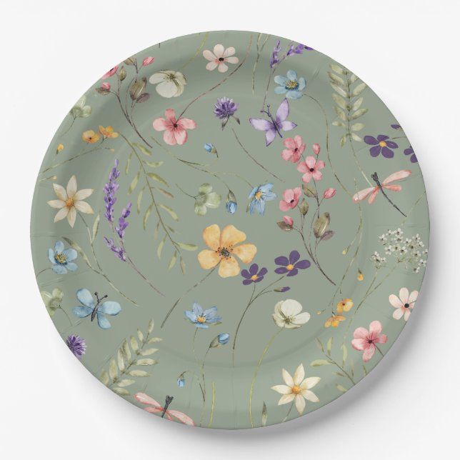  Sage Green Wildflower Elegant Bridal Shower Paper Plate (Front)