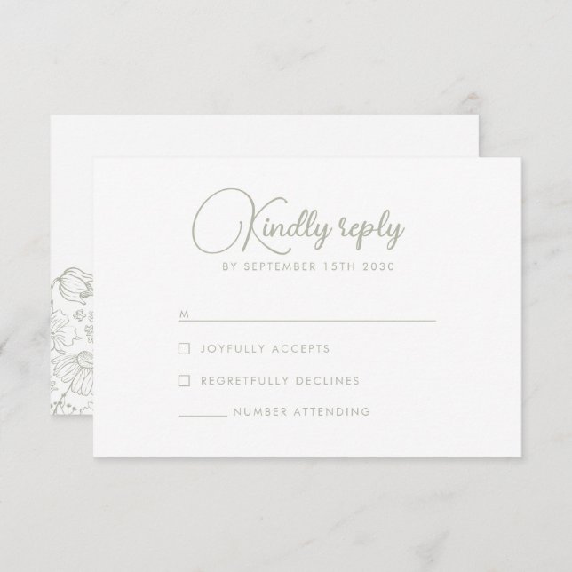 Sage Green Wildflower Elegant Wedding RSVP Card (Front/Back)
