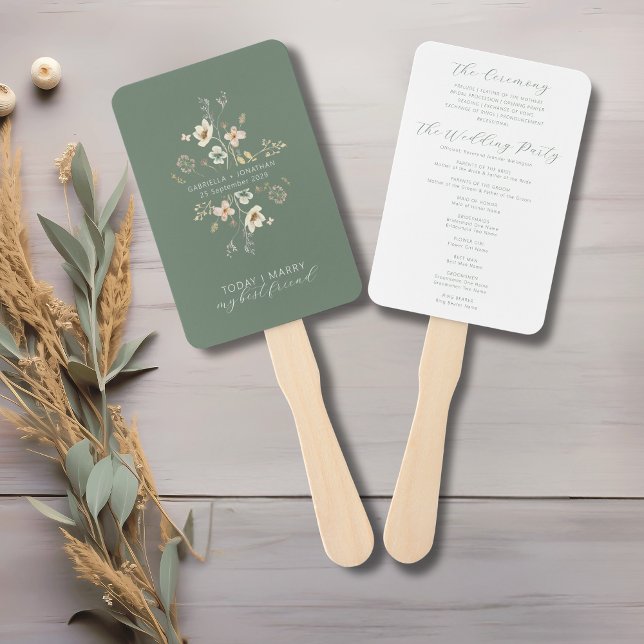 Sage Green Wildflower Floral Wedding Program Fan (Creator Uploaded)