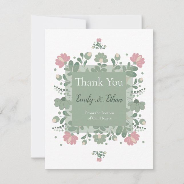 Sage Green Wildflower Folk Wedding  Thank You Card (Front)