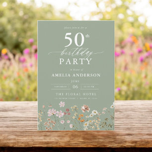 Sage Green Wildflower Garden Floral 50th Birthday Invitation