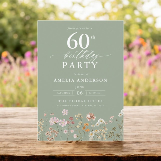 Sage Green Wildflower Garden Floral 60th Birthday Invitation (Creator Uploaded)