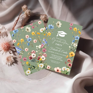 Sage Green Wildflower Garden Twin Graduation Invitation
