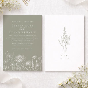 Sage Green Wildflower Line Art Wedding Invitation
