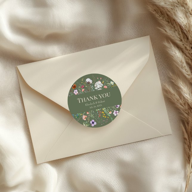 Sage Green Wildflower Meadow Wedding Thank You Classic Round Sticker (Sage Green Wildflower Meadow Wedding Thank You Classic Round Sticker on an elegant wedding envelope)