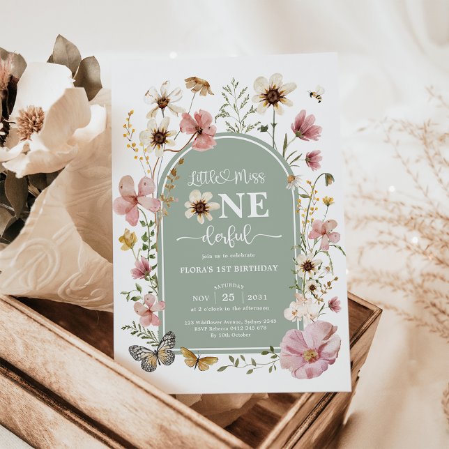 Sage Green Wildflower Miss Onederful 1st Birthday Invitation (Creator Uploaded)