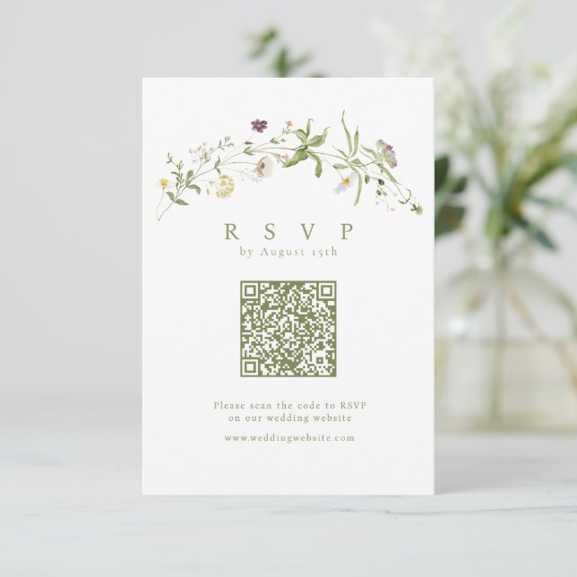 Sage Green Wildflower Rustic Boho QR code Wedding RSVP Card (Standing Front)