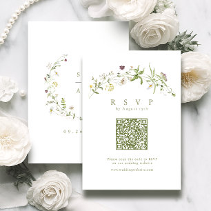 Sage Green Wildflower Rustic Boho QR code Wedding RSVP Card