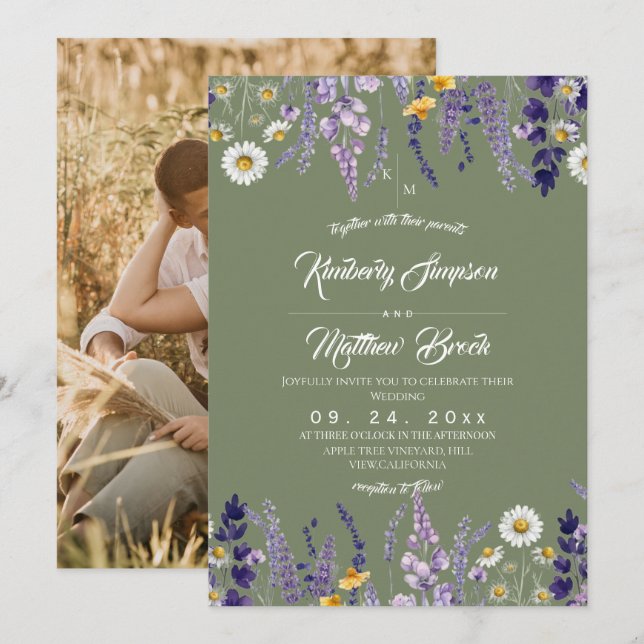 Sage Green Wildflower Rustic Wedding Photo Invitation (Front/Back)