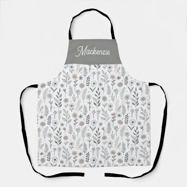 Sage Green Wildflower Sketchbook Custom Name Apron (Front)