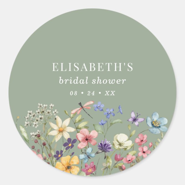 Sage Green Wildflower Thank You Bridal Shower Classic Round Sticker (Front)