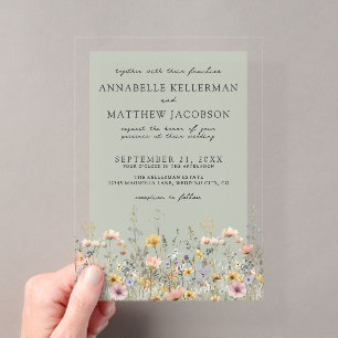 Sage Green Wildflower Watercolor Floral Wedding Acrylic Invitations