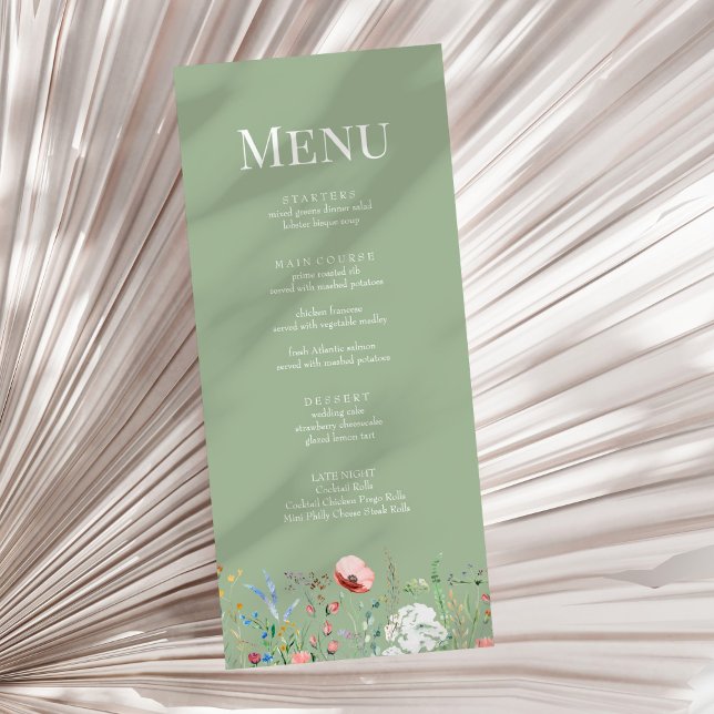 Sage Green Wildflower Wedding Menu Card (Sage Green Wildflower Wedding Menu Card on a sunny neutral dry palm leaf.)