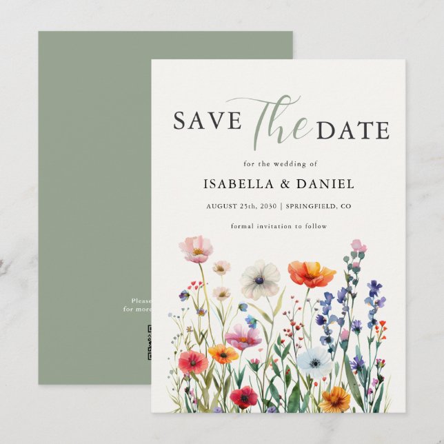 Sage Green Wildflower Wedding Save The Date (Front/Back)