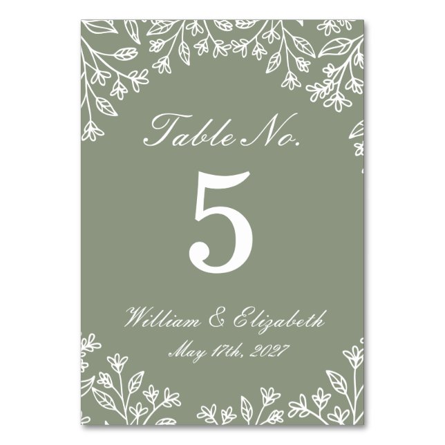 Sage Green Wildflower Wedding Table Number (Front)