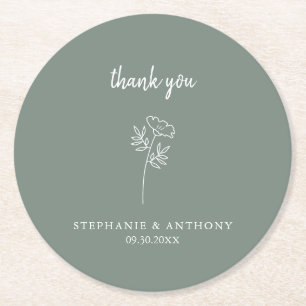 Sage Green Wildflower Wedding Thank You Round Paper Coaster