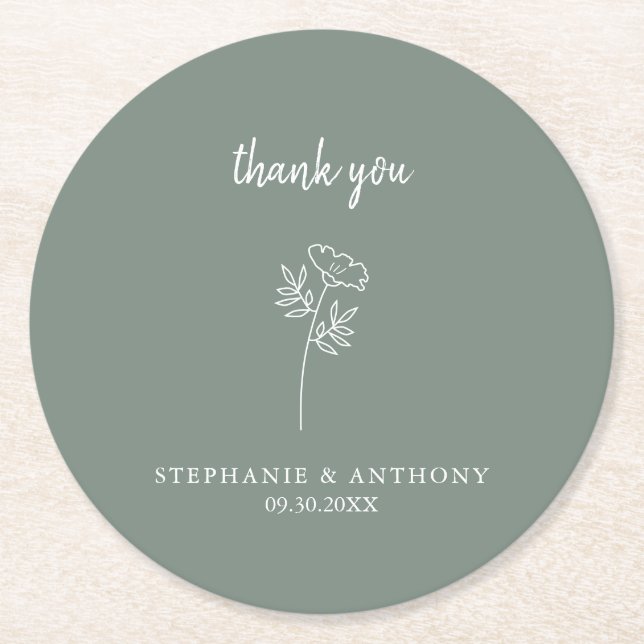 Sage Green Wildflower Wedding Thank You Round Paper Coaster (Front)