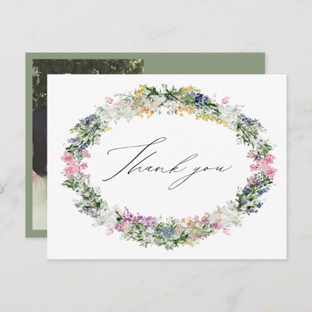 Sage Green Wildflower Wreath Baptism Photo Thank You Card (Front/Back)