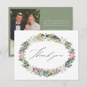 Sage Green Wildflower Wreath Baptism Photo Thank You Card