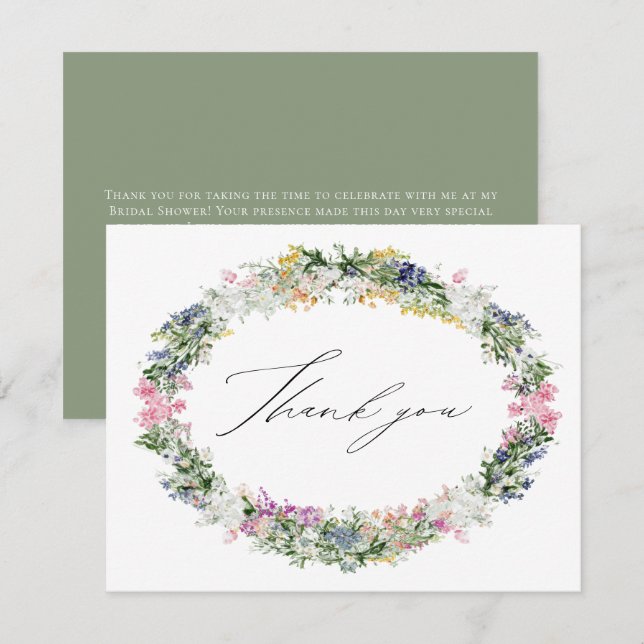 Sage Green Wildflower Wreath Wedding Bridal Shower Thank You Card (Front/Back)