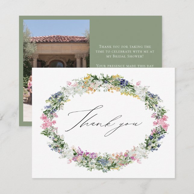 Sage Green Wildflower Wreath Wedding Bridal Shower Thank You Card (Front/Back)