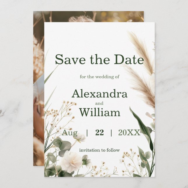 Sage Green Wildflowers and Pampas Save The Date (Front/Back)