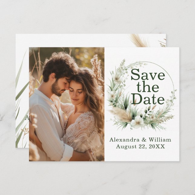 Sage Green Wildflowers and Pampas Save The Date Invitation Postcard (Front/Back)