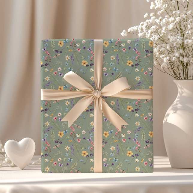 Sage Green Wildflowers Boho Rustic Spring Garden  Wrapping Paper (Creator Uploaded)