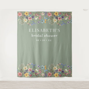 Sage Green Wildflowers Bridal Shower Backdrop Tapestry