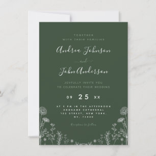 Sage Green   Wildflowers Drawn Botanical Leaf Fall Invitation