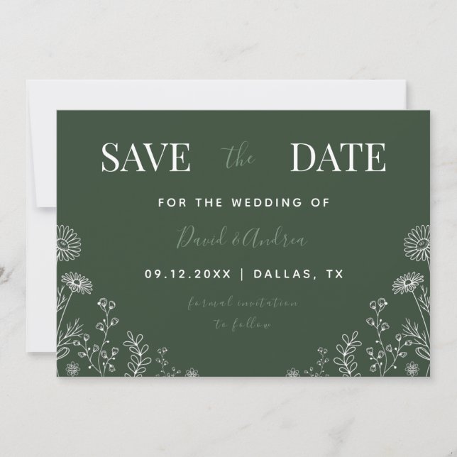 Sage Green | Wildflowers Drawn Nature Leaves Fall Save The Date (Front)