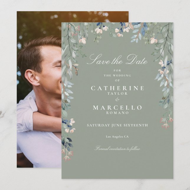 Sage Green Wildflowers Floral Photo Wedding Save The Date (Front/Back)