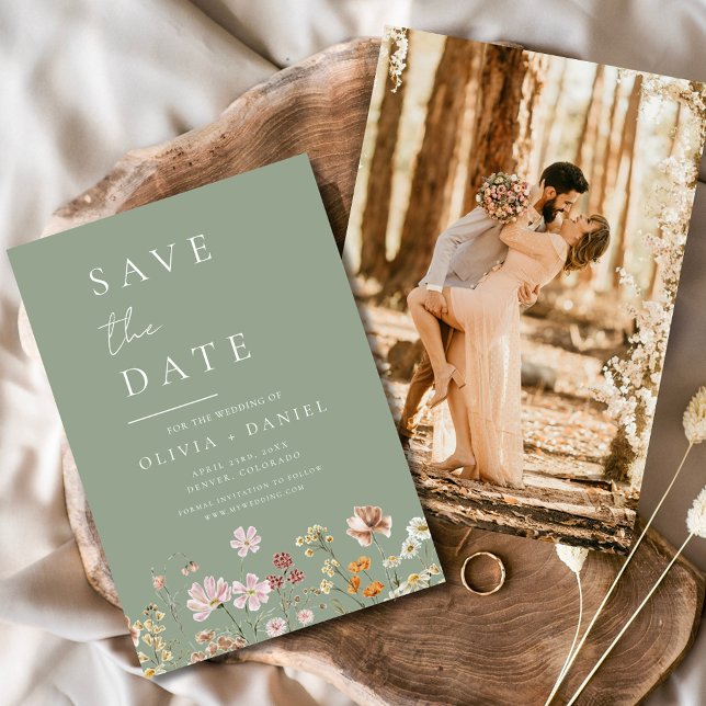 Sage Green Wildflowers Photo Boho Save the Date (Creator Uploaded)