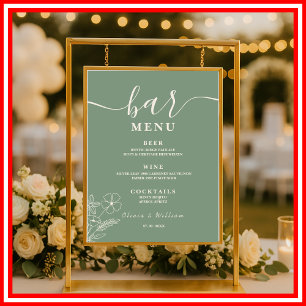 Sage Green Wildflowers Wedding Bar Menu Poster