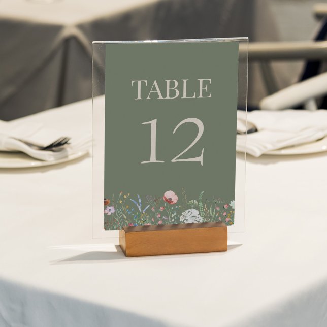 Sage Green Wildflowers Wedding Table Number Card (Sage Green Wildflowers Wedding Table Number Card on a sunny outdoor wedding table.)