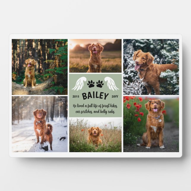 Sage Green Wings Dog Paws Memorial Photo Collage Plaque (Front)