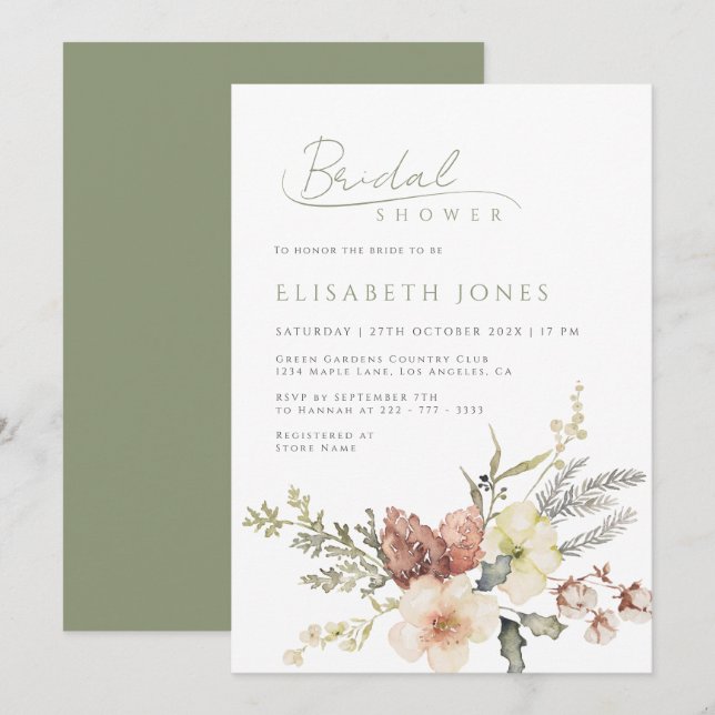 Sage Green Winter Christmas Floral Bridal Shower Invitation (Front/Back)