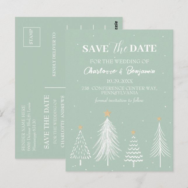 Sage Green Winter Christmas Save the Date Wedding  Postcard (Front/Back)