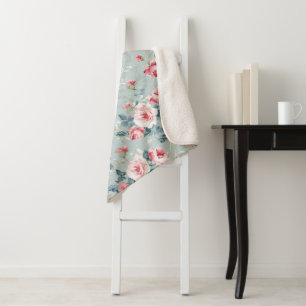 Sage Green Winter Floral Pattern Sherpa Blanket