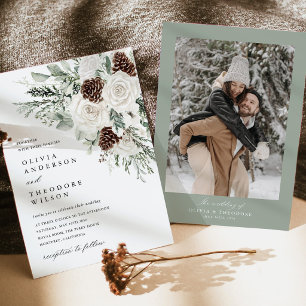 Sage Green Winter Floral Pine Photo Back Wedding Invitation