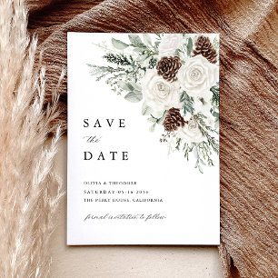 Sage Green Winter Floral Pine Photo Back Wedding Save The Date