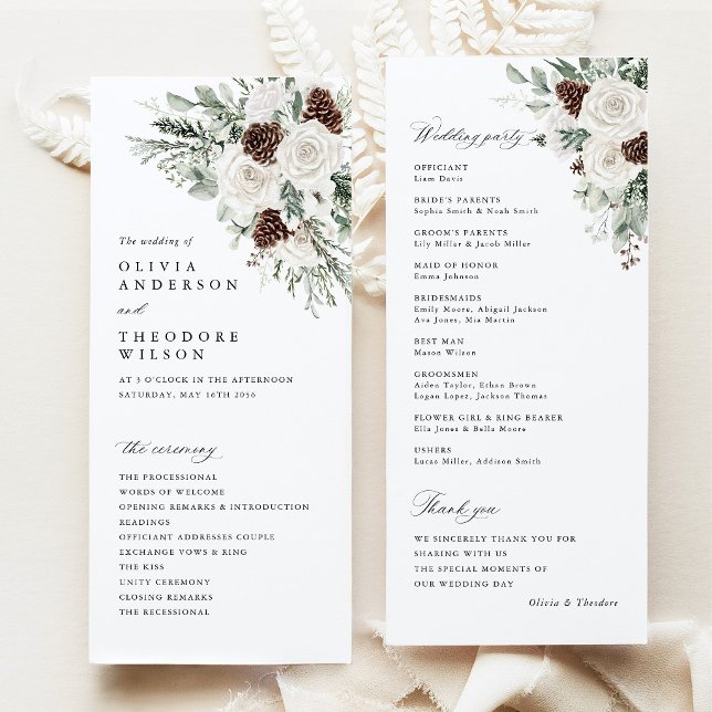 Sage Green Winter Floral Pine Wedding Ceremony Programme (Sage Green Winter Floral Wedding Program Card, White Rose Pinecone Ceremony Program Woodland Wedding)