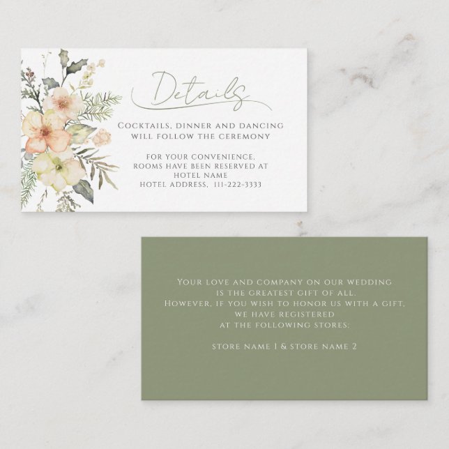 Sage Green Winter Floral Woodland Wedding Details Enclosure Card (Front/Back)