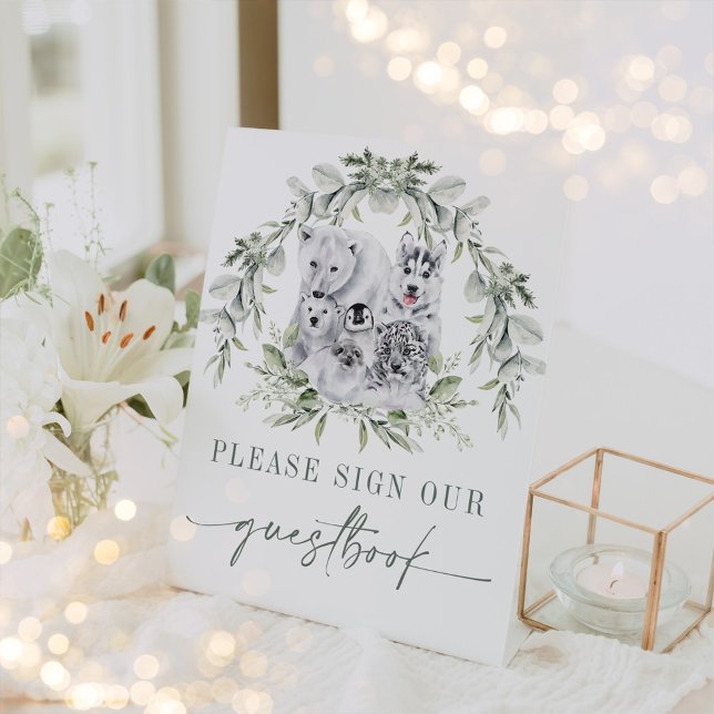 Sage Green Winter Holiday Artic Animals Guestbook Pedestal Sign (Creator Uploaded)