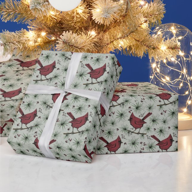 Sage Green Winter Red Cardinal Pattern Wrapping Paper (Holidays)