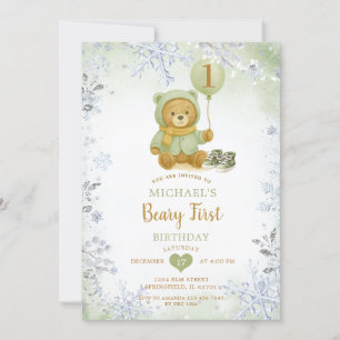Sage Green Winter Snowflake Beary First Birthday  Invitation