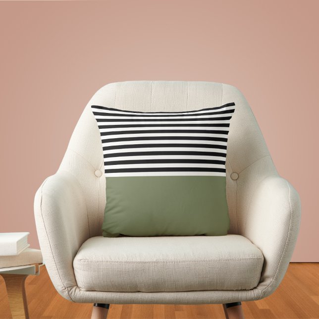 Sage Green With Black and White Stripes Cushion (Creator Uploaded)