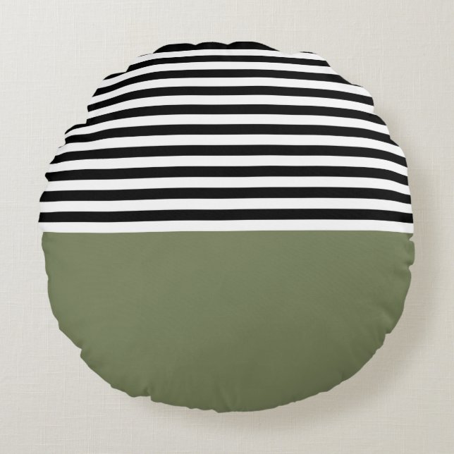 Sage Green With Black and White Stripes Round Cushion (Front)