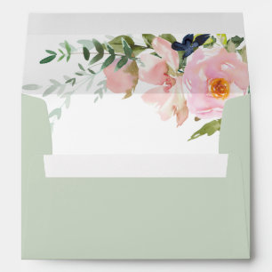 Sage Green with Blush Pink Floral Spray Wedding Envelope