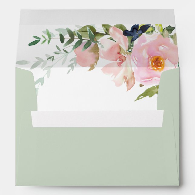 Sage Green with Blush Pink Floral Spray Wedding Envelope (Back (Bottom))